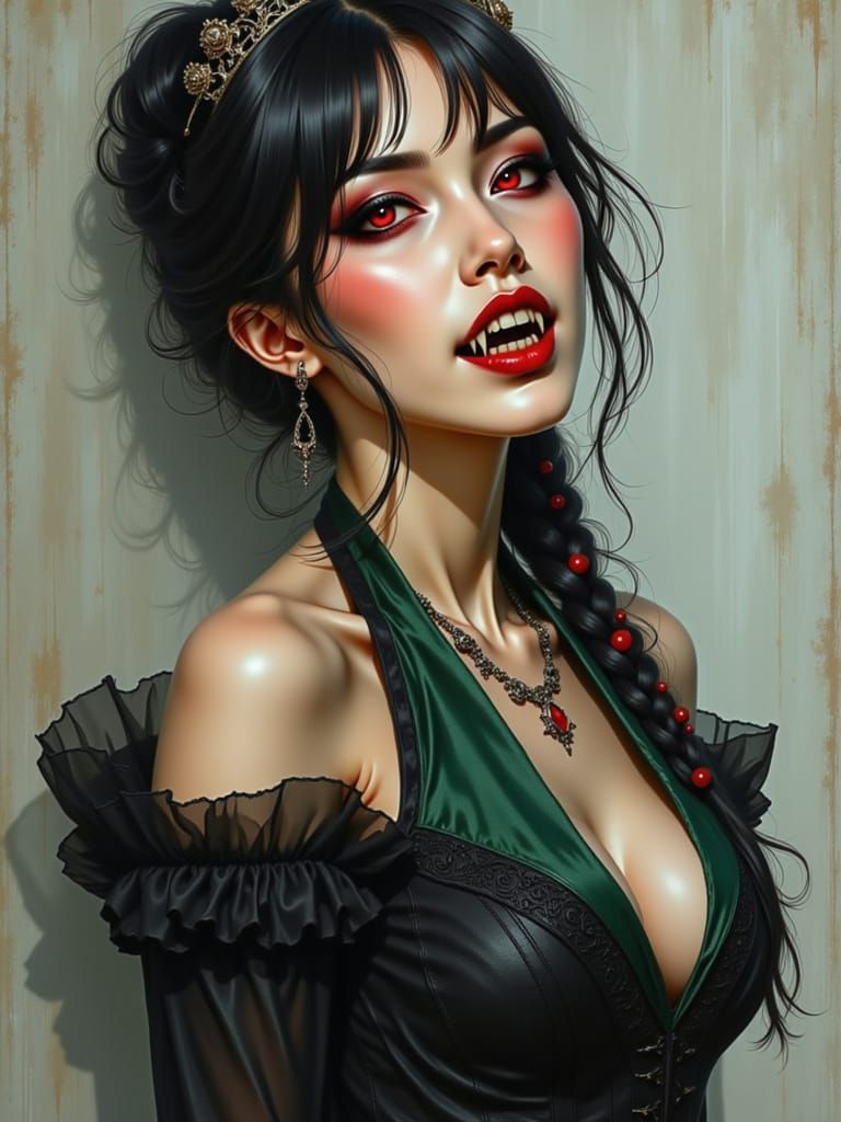 Asian Vampire Woman in Victorian Dress with Red Eyes