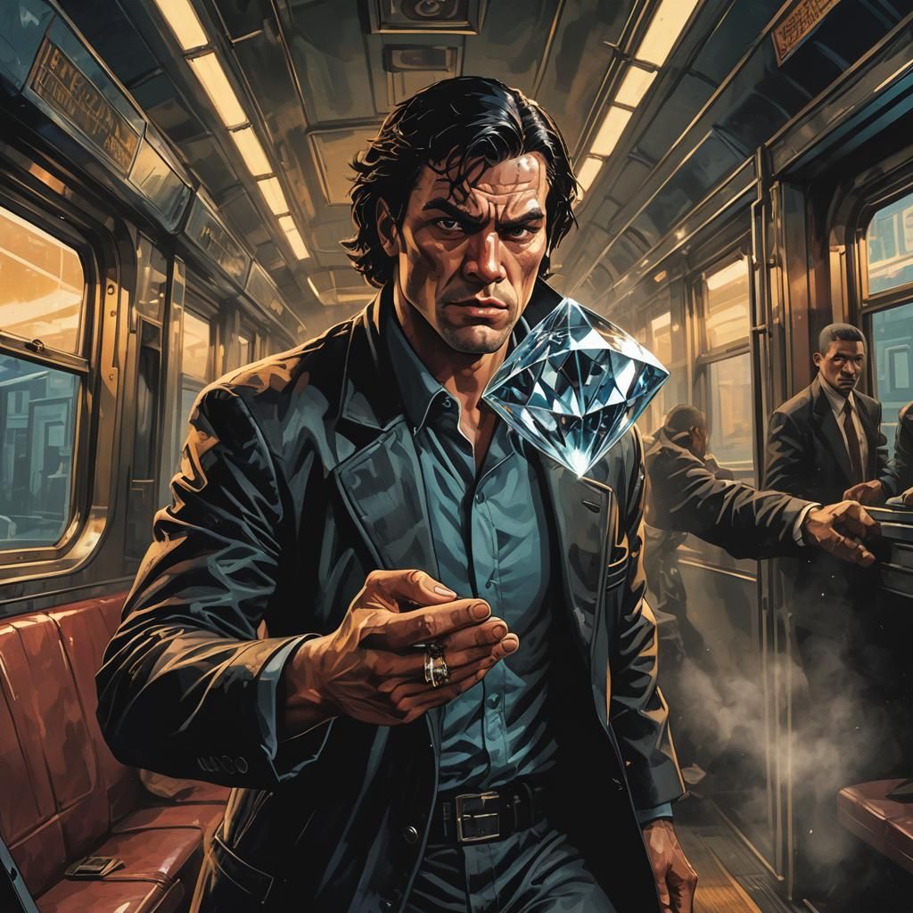 Thief with Diamond on Train in Comic Book Art