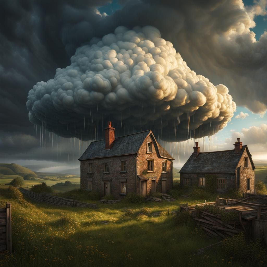 Surreal Raincloud Over Dystopian Village: Cel-Shaded Photore...
