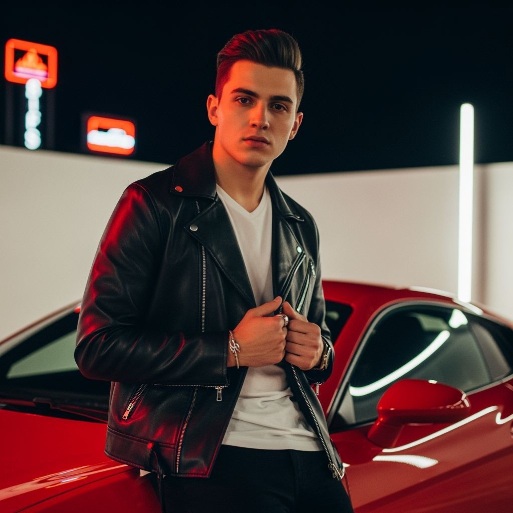 Man Poses Confidently With Red Sports Car at Night