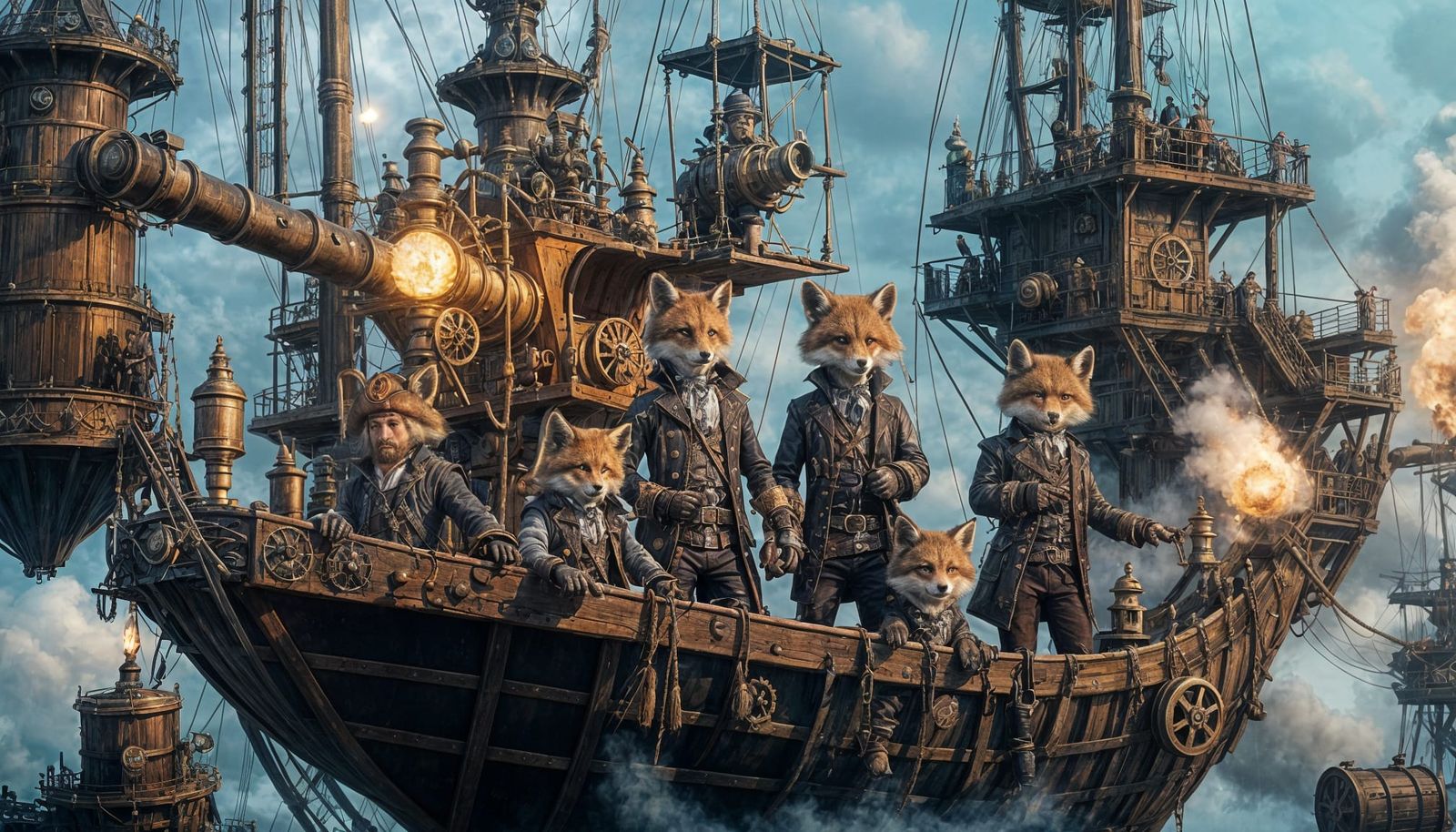 Steampunk Fox Pirates Launch Trebuchet Amidst Foggy Ocean