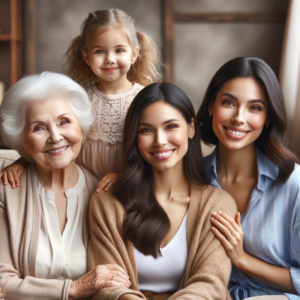 Four Generations of Smiling Women in Family Portrait