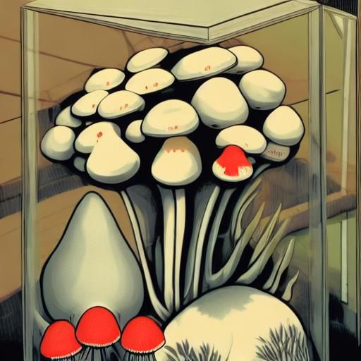 Giant Mushrooms in Glass Case: Linocut Style