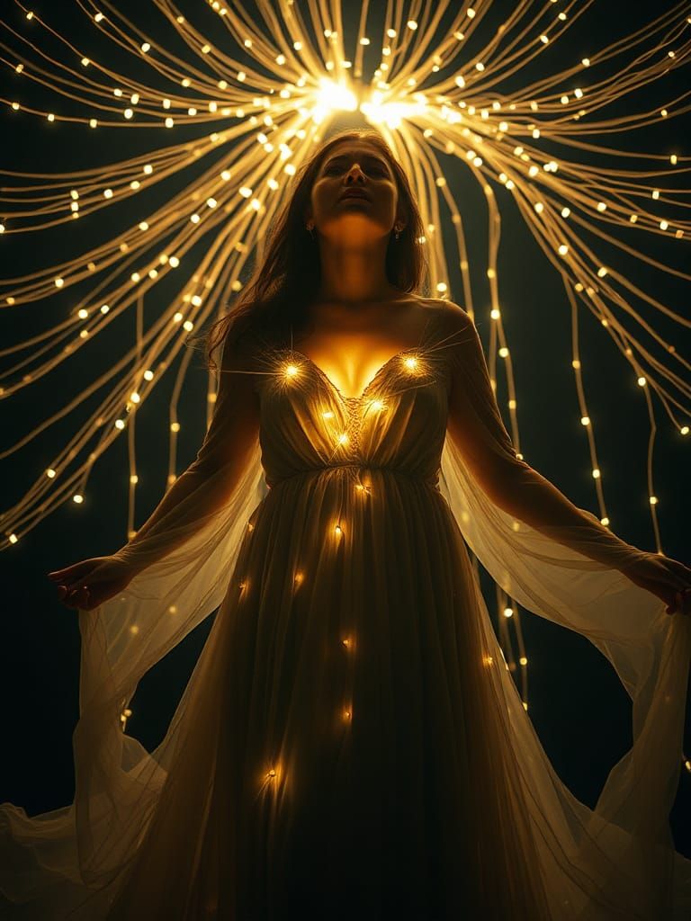 Woman with Golden Light in String Art Style