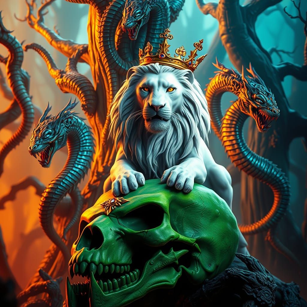 Regal White Lion on Gnarled Skull Throne with Twisted Trees ...