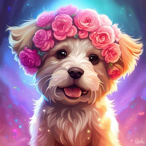 Fluffy Puppy with Flower Crown: Digital Art Portrait