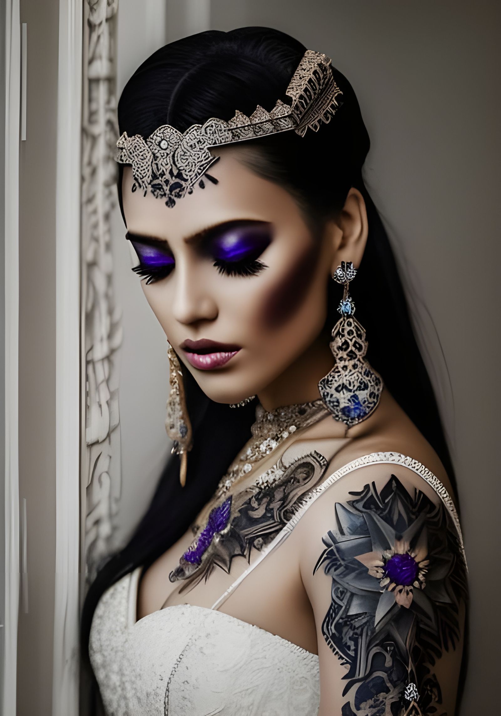 Tattooed Woman with Horns Tiara in Hyperrealistic Style