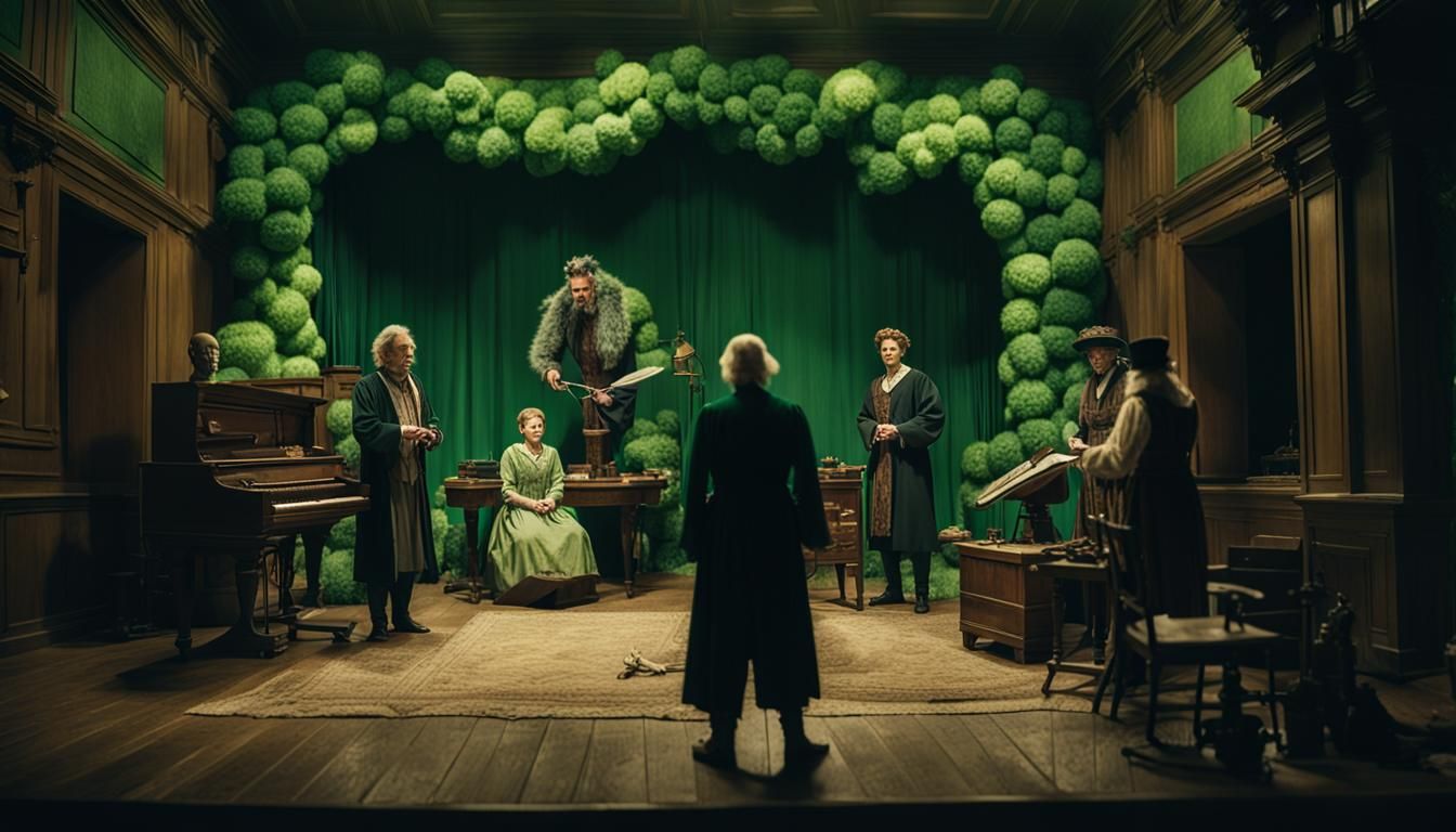 Dramatic Stage Play in Antiquarian's Room: Cinematic Still