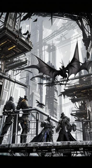 Cyberpunk Fantasy Cityscape at Sunset in Black and White