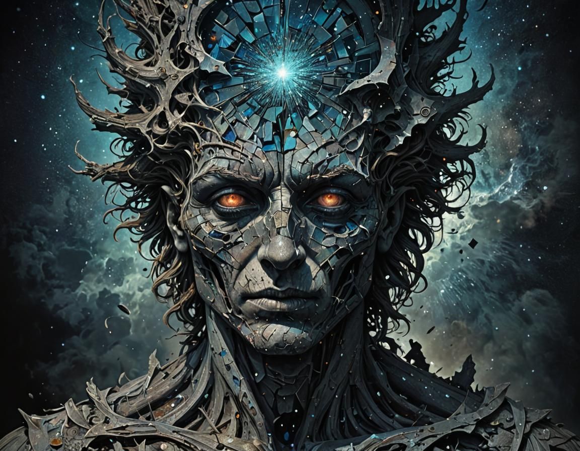 Cosmic Shattered Face Illustration in Doré Style