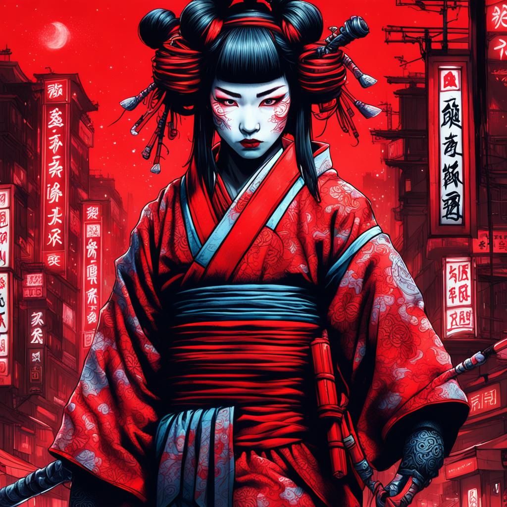 Red Geisha Assassin in Gritty Neon Tokyo