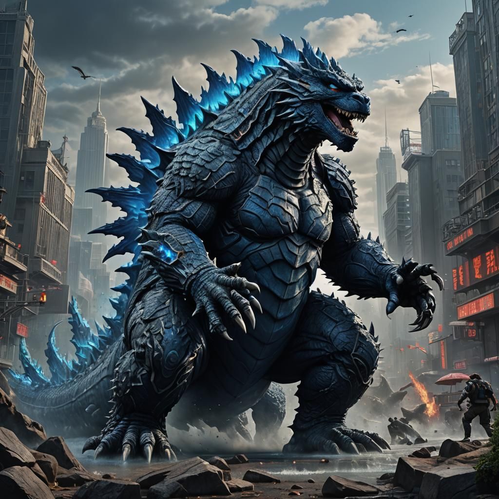 Blue Godzilla Detailed Matte Painting in 8k
