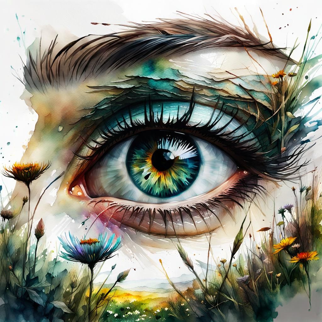 Eye in Meadow: Digital Watercolor Art