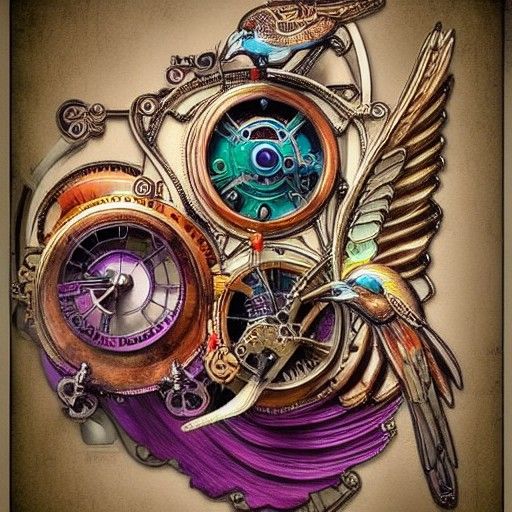 Steampunk Bird with Art Nouveau Architecture