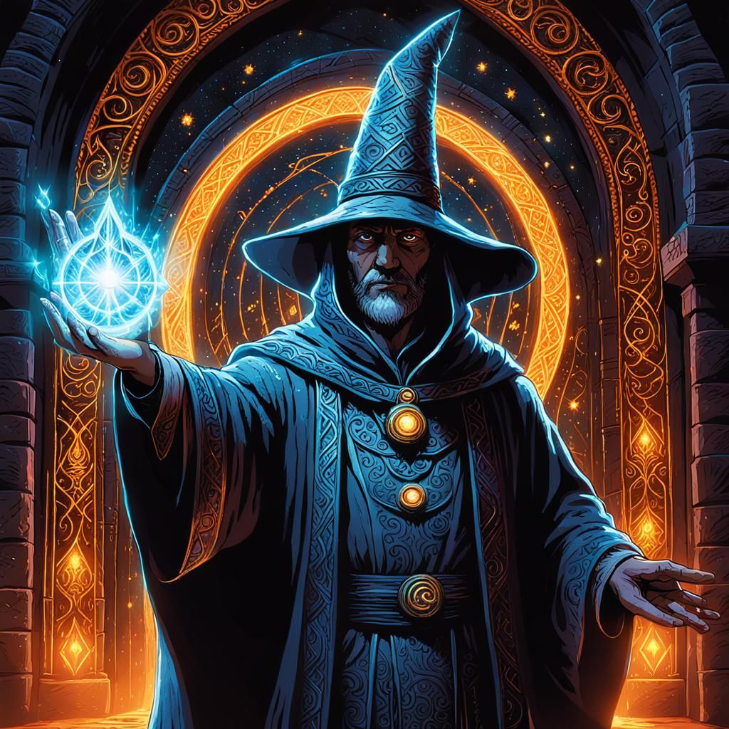 Fantasy Mage Casting Spell Before Glowing Portal