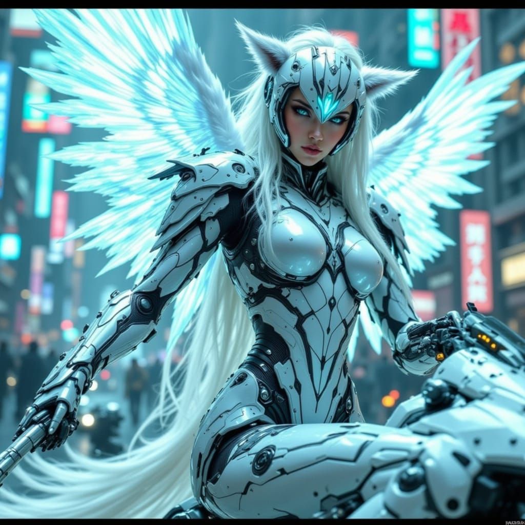 Cybernetic Wolf Woman in Iridescent Armor