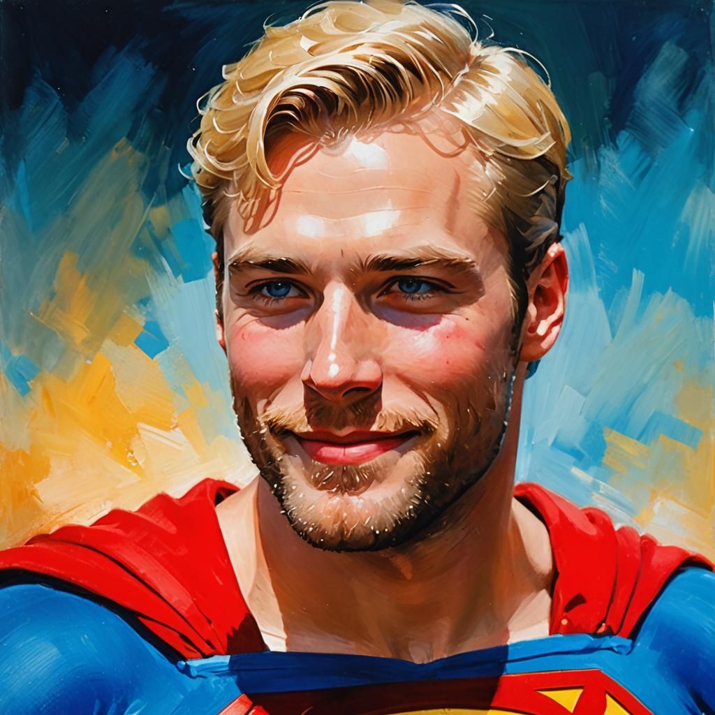 Joyful Blond Superman in Impressionist Portrait