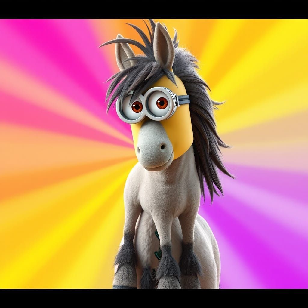 a hairy centaur with a Pixar minion head. Half minion half h...