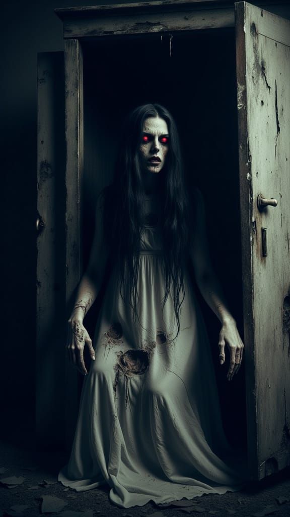 Horrifying Woman with Red Eyes in Wardrobe