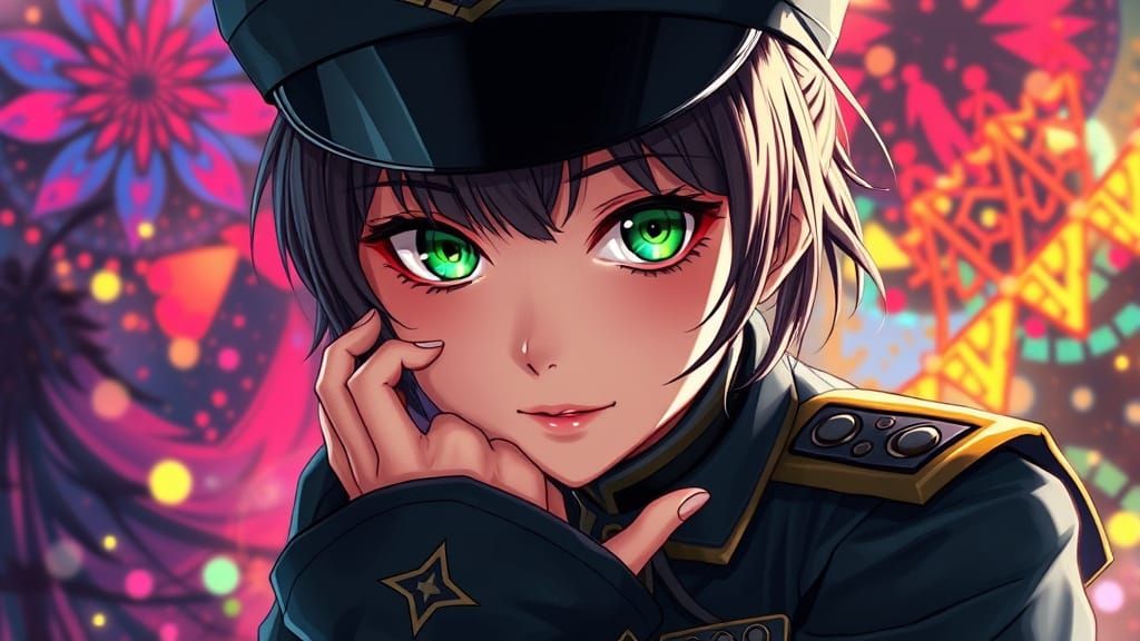 Green-Eyed Maiden in Dark Uniform: Hyperrealistic Art