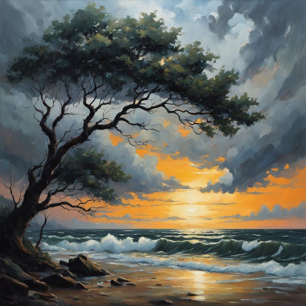 Turbulent Sea and Silhouetted Trees in Oil Painting Style