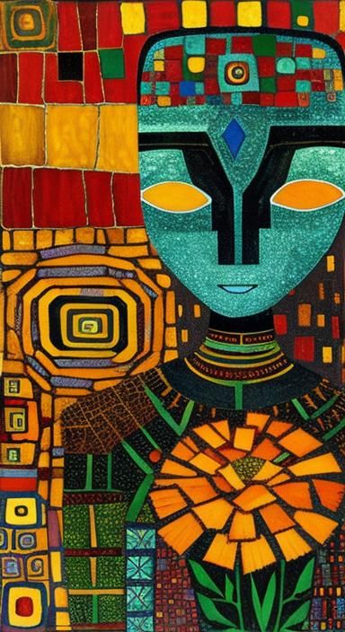 Geometric Robot in Liminal Space: Oil Gouache Art