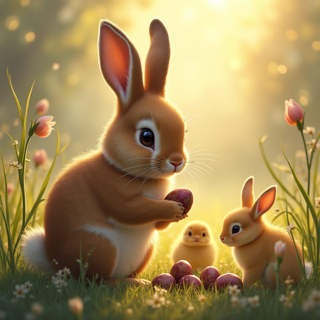 Motherly Bunny Surveys Easter Treasures in a Serene Impressi...