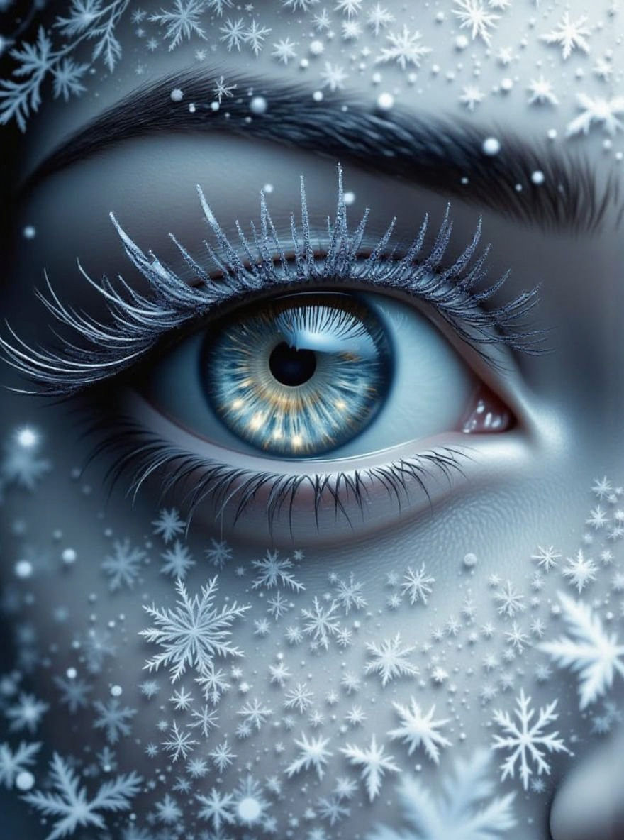 Hyper-Realistic Frozen Eye Reflecting a Snow Forest