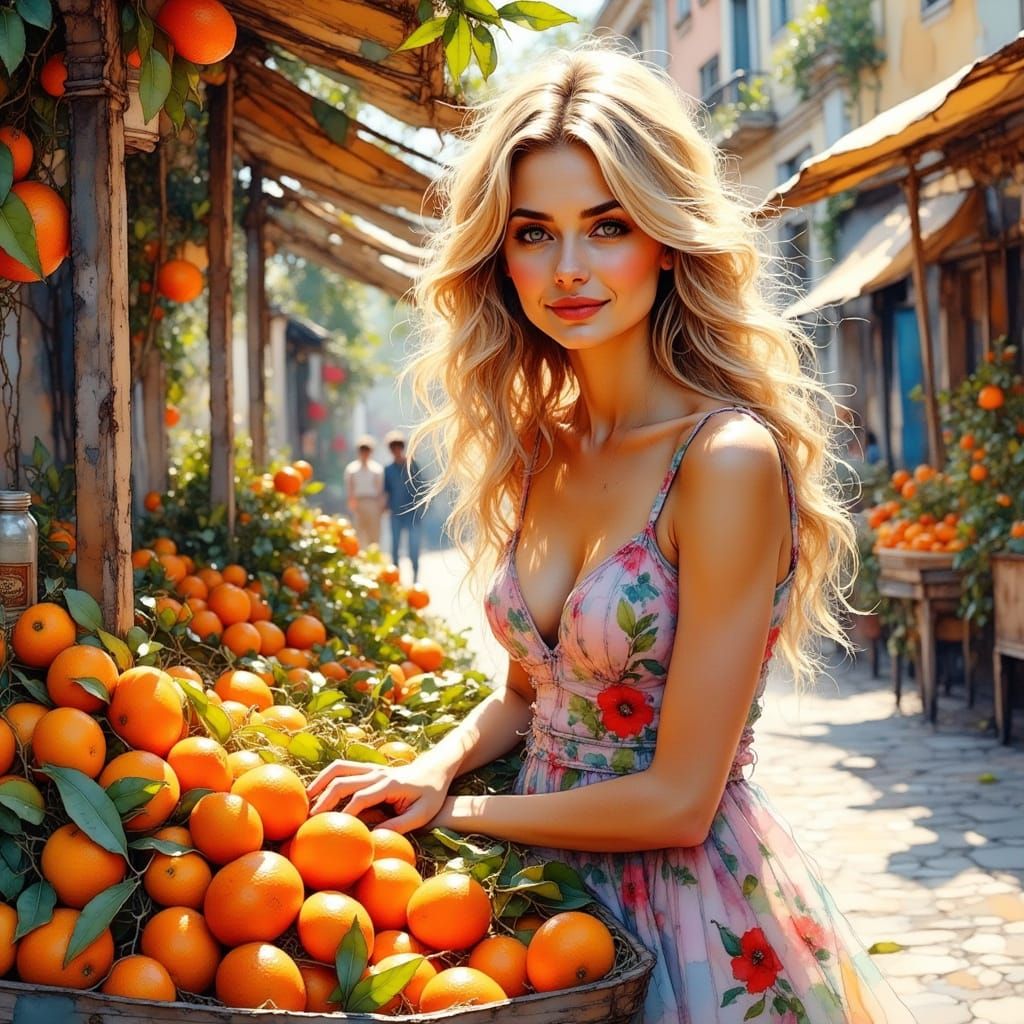 Elegant Woman in a Vibrant Market Scene, Inspired by Impress...
