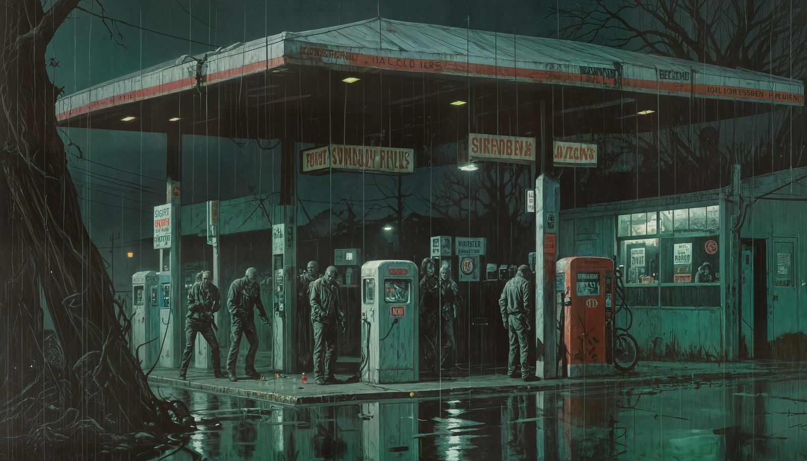 Night Horror Gas Station with Zombies in Acrylic Art