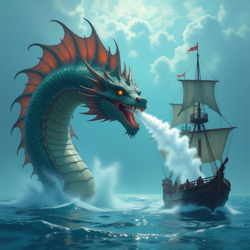 Glistening Sea Dragon Attacks Sailing Ship