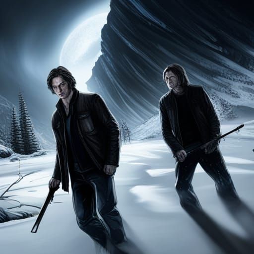Winchester Brothers Face Ice Giant: Dark Fantasy Art