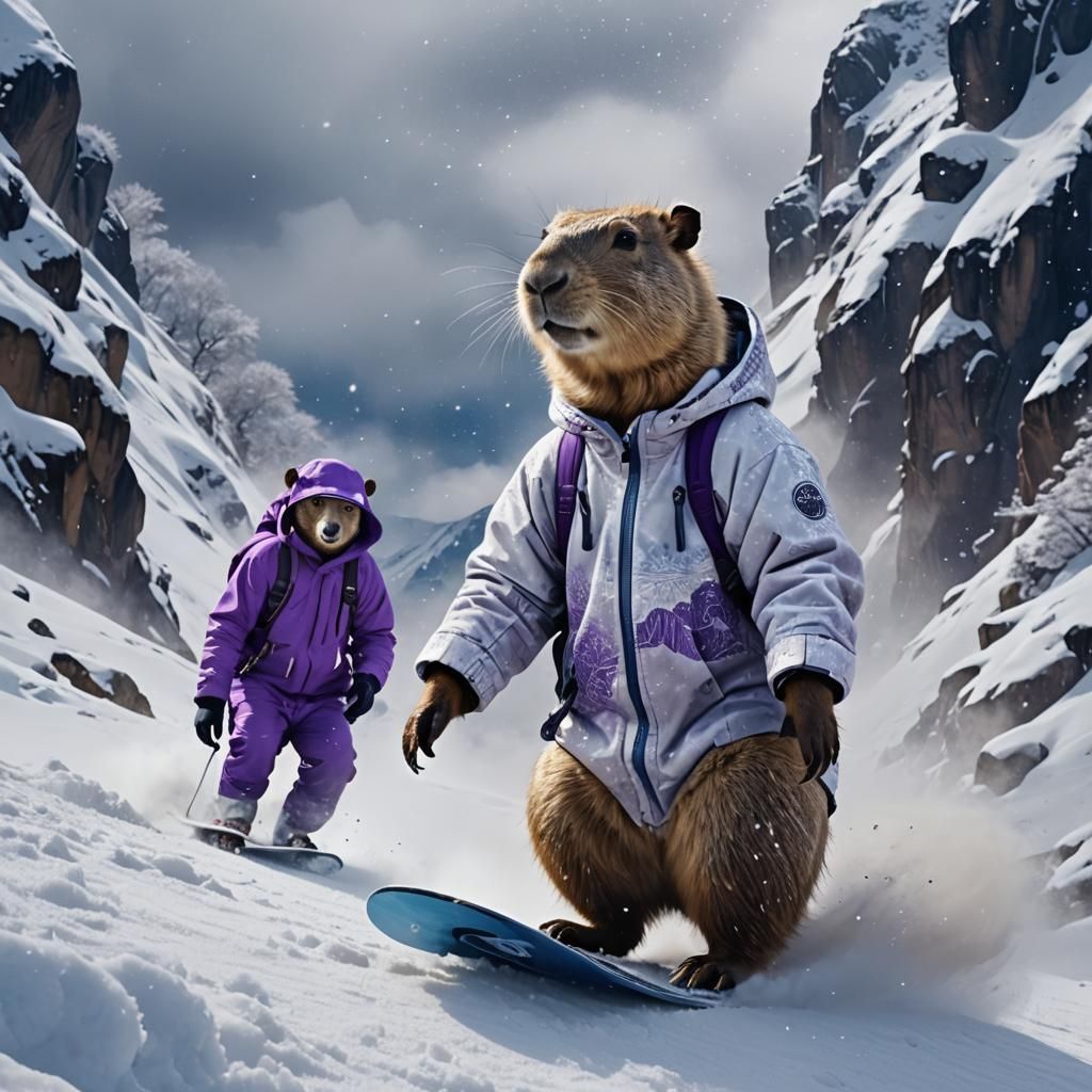 Dreamlike Capybara Snowboarder Dominates a Frosty Mountain S...