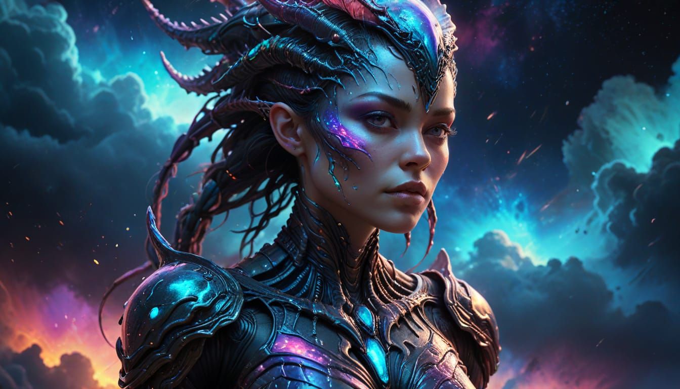 Alien Queen Portrait with Bioluminescent Jewelry