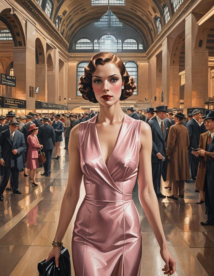 Evelyn catching a train in Grand Central Station