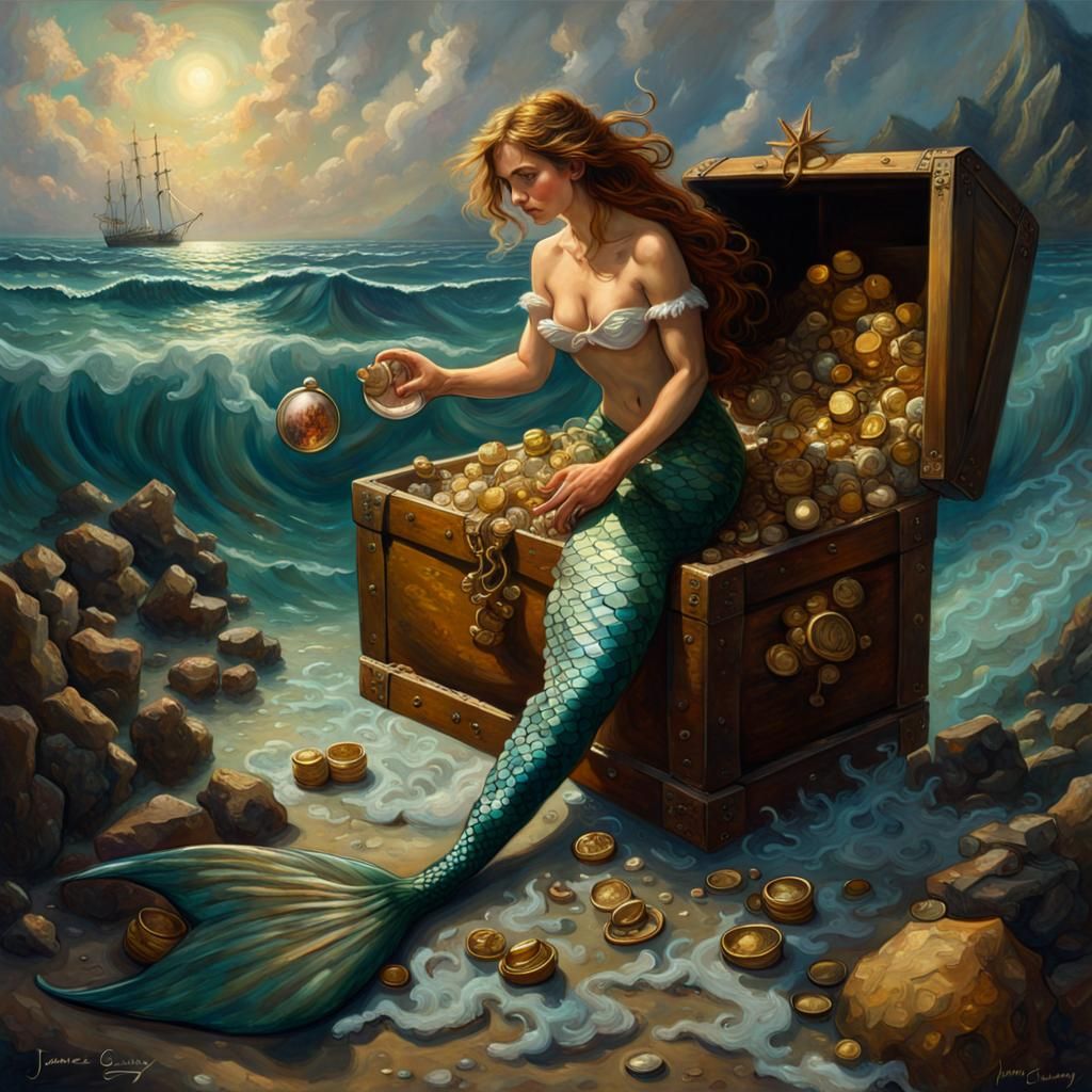 A mermaid playing with a chest full of treasure in the seash...