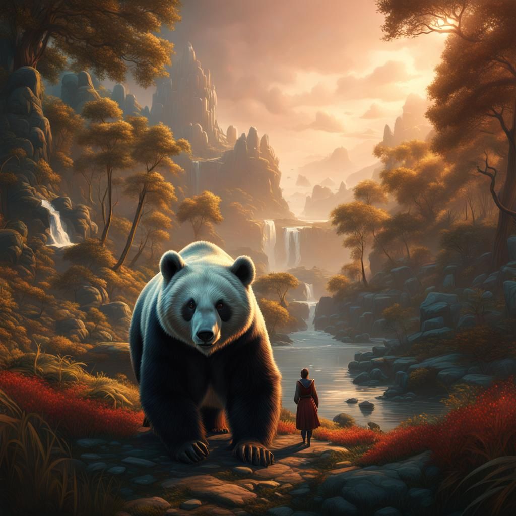 Man-Bear Gazing at Panda: Detailed Fantasy Art