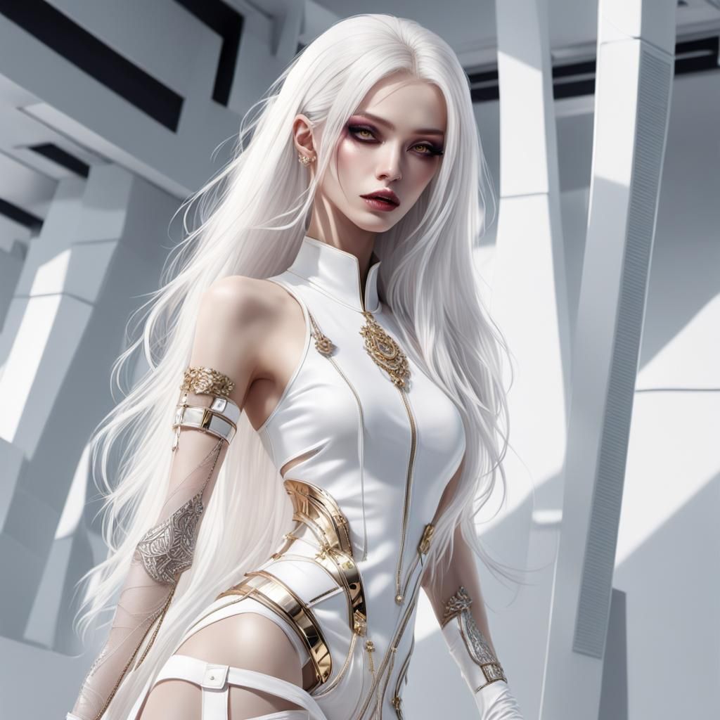 Cyberpunk Girl with White Hair and Golden Eyes