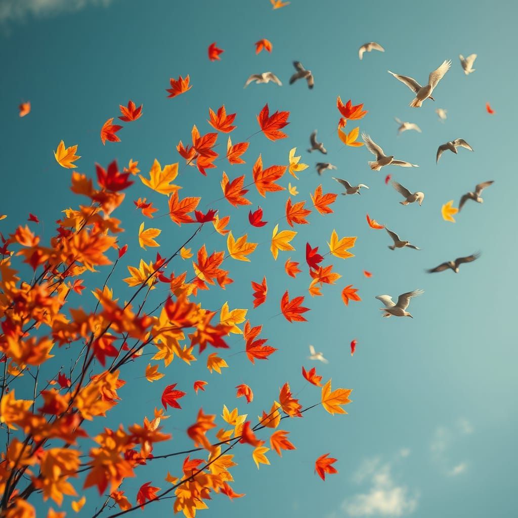 Whimsical Autumn Leaves Dance with Birds in the Sky