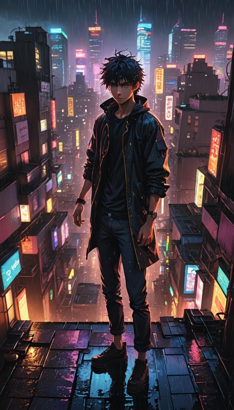 Sorrowful Young Man in Rainy Anime Cityscape