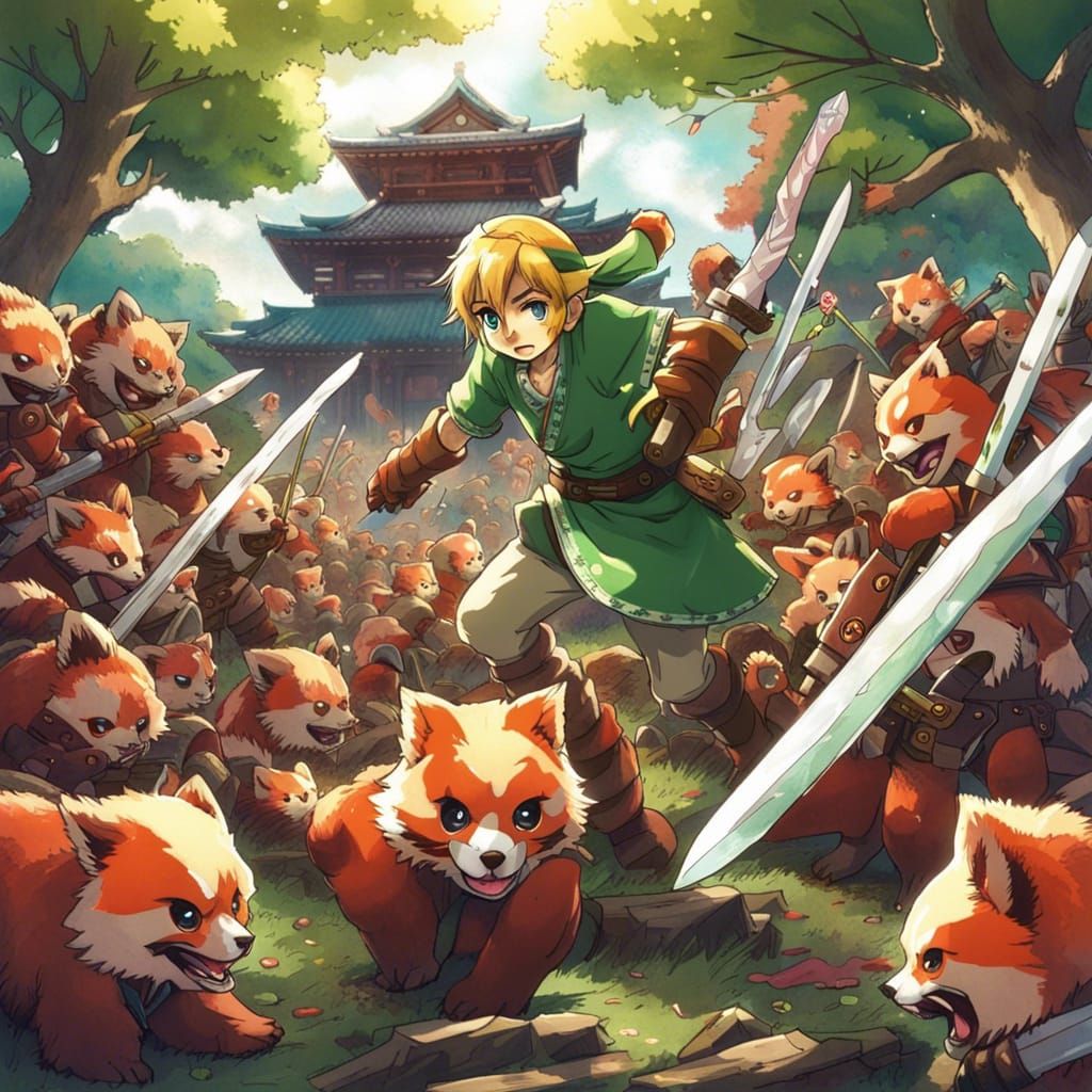 Link vs Zombie Red Pandas in Anime Style