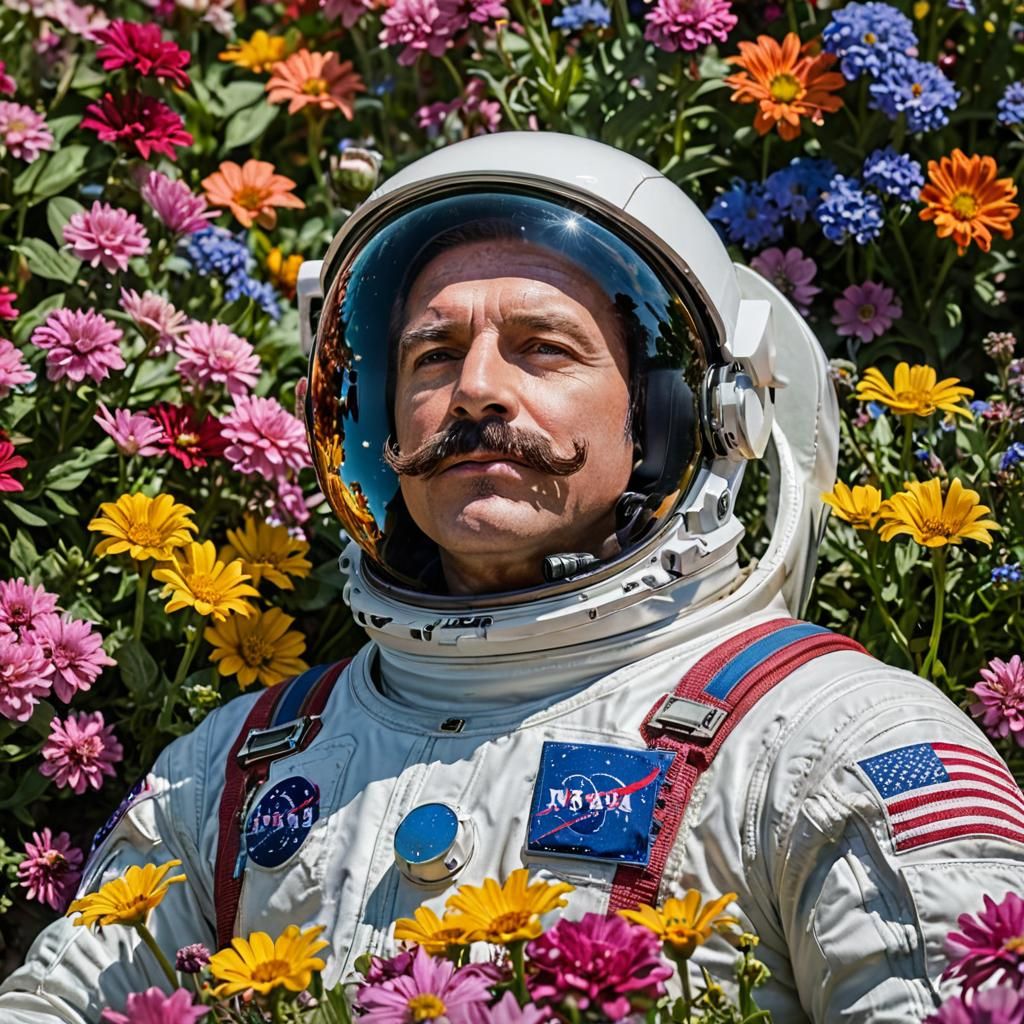An astronaut lying in a garden of flowers. The universe is r...