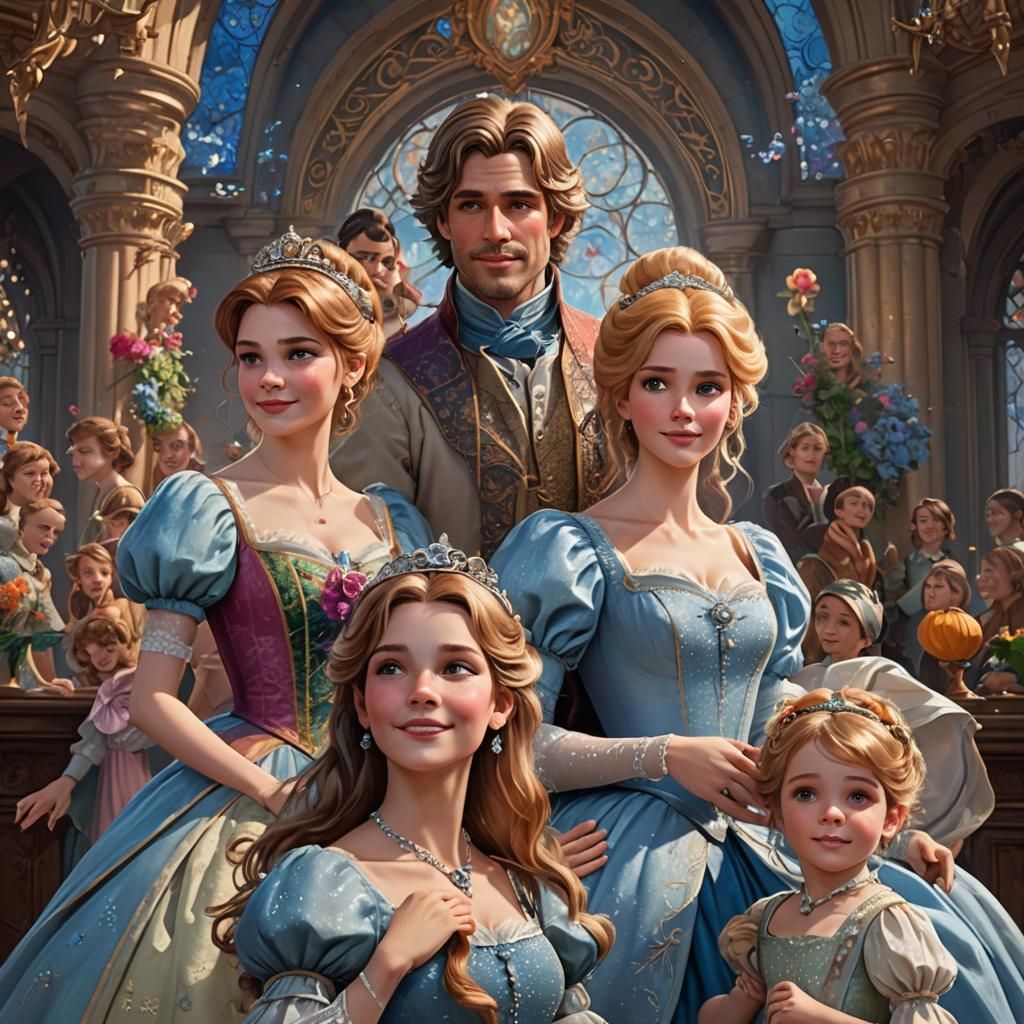 Cinderella's Happy Family Portrait in Art Nouveau Style