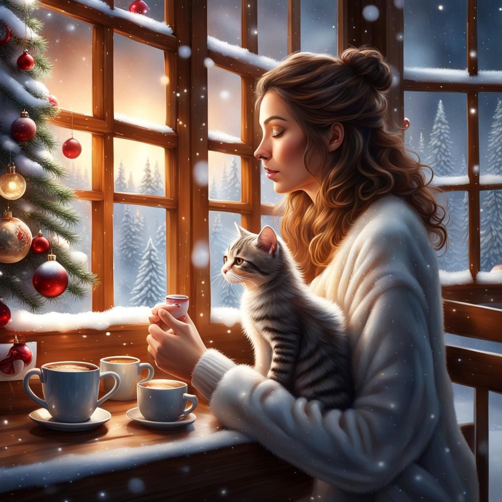Christmas Lady with Cat in Snowy Scene