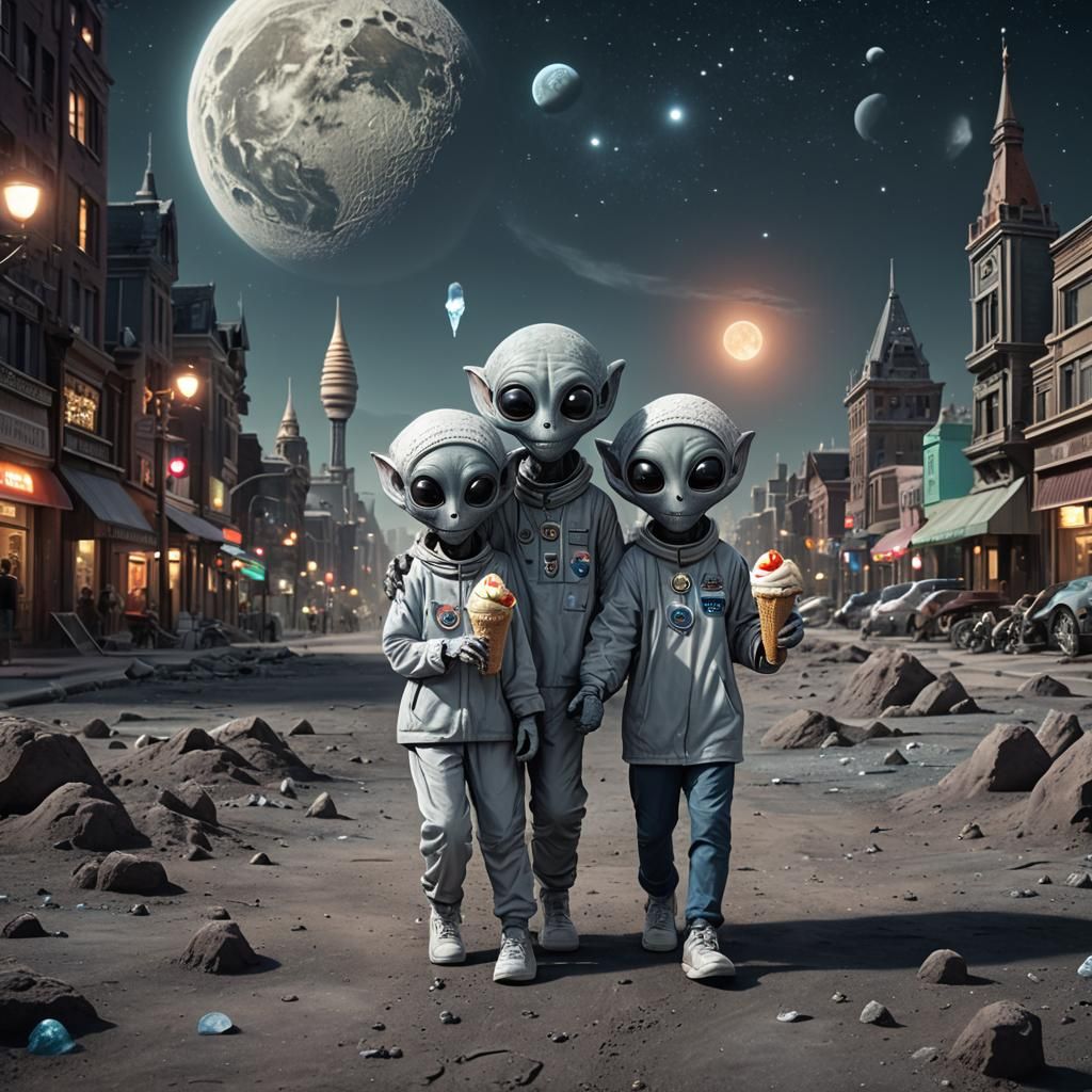 Grey Alien Couple's Moon Stroll: Detailed Matte Painting