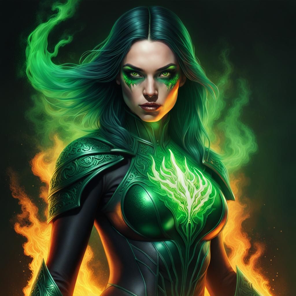 Gothic Superhero Fyrebrand with Green Flame Powers