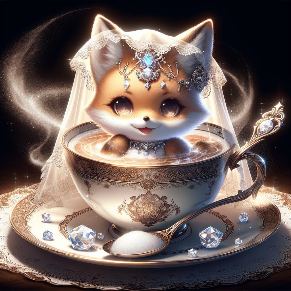 Anime Fox Dancer in Teacup Illustration