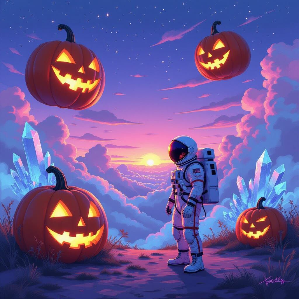Astronaut Among Giant Glowing Pumpkins in Impasto Oil Style