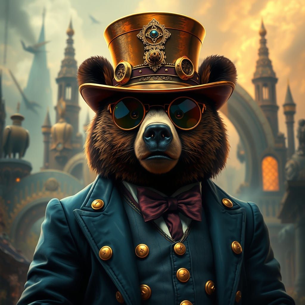 Regal Steampunk Bear in Luxurious Fantasy Environment