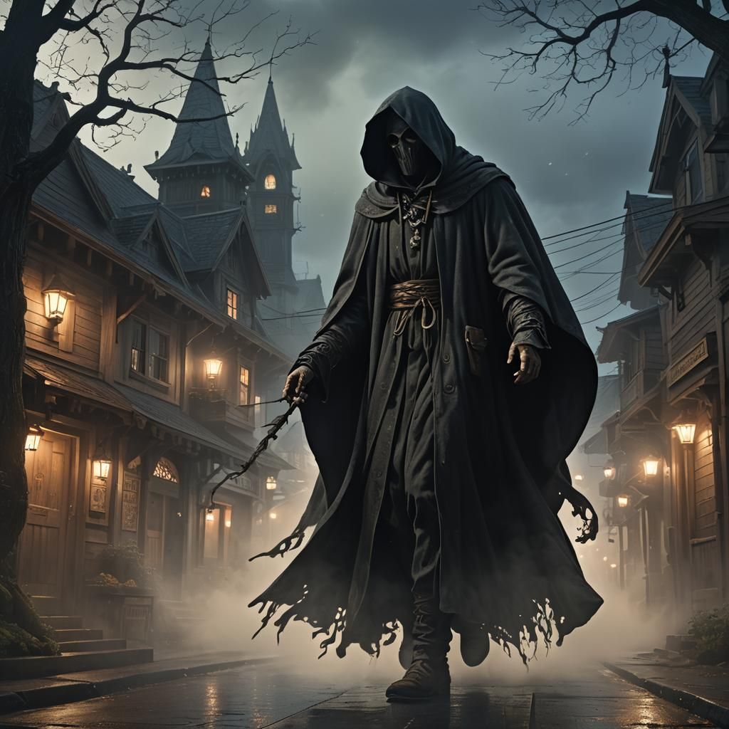 Ghostly Figure in Misty Oak Harbor: Dark Fantasy Art